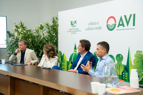 Panel di relatori a conferenza, logo AVI sullo sfondo, bottiglie d’acqua sul tavolo