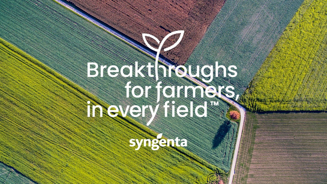 Syngenta Breakthroughs for farmers, in every field logo on patchwork farmland aerial photo