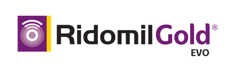 Logo Ridomil Gold EVO su sfondo bianco con icona viola a sinistra