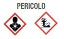 Grafica con scritta “PERICOLO” e pittogrammi: rischio salute e pericolo ambientale