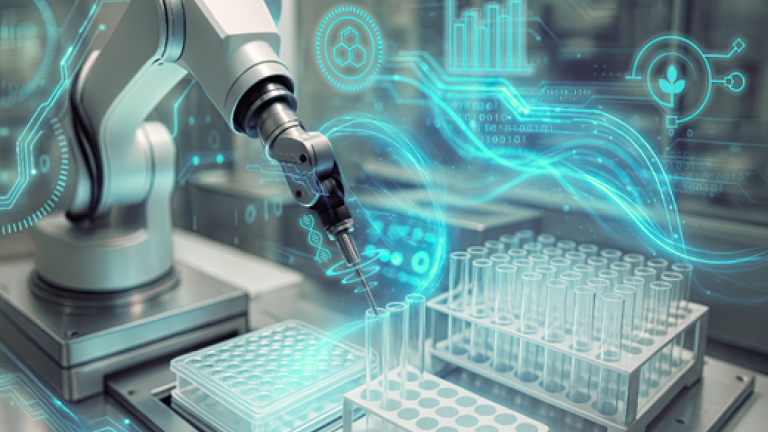 Braccio robotico in laboratorio, analizza provette con interfaccia digitale bluBANNER 2
