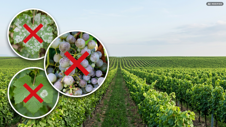Vigneto con filari verdi; tre riquadri con grappoli e croci rosse a sinistra