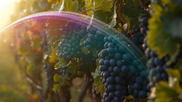 Grappolo d’uva blu su vite al sole, con arcobaleno luminoso tra le foglie