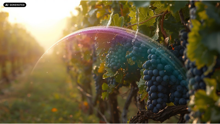 Grappolo d’uva viola su vite al tramonto, luce dorata e sfondo sfocato