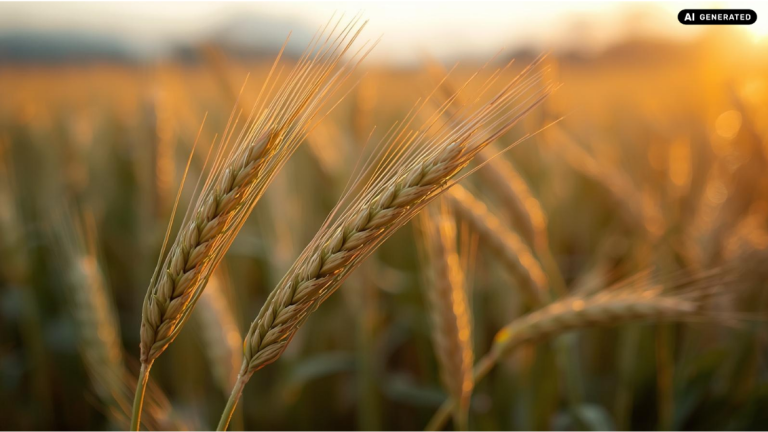 Spighe di grano in primo piano al tramonto, sfondo sfocato dorato