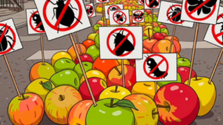 Cartello “stop” su frutta colorata in un mercato, con simboli di divieto su insetti.