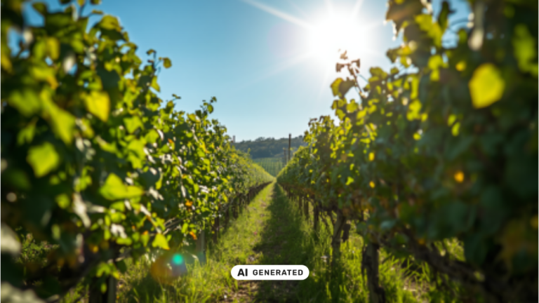 Vigneto al tramonto con filari verdi e sole basso all’orizzonte