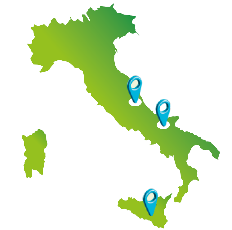 Mappa dell'Italia verde con tre segnaposto blu sul territorio