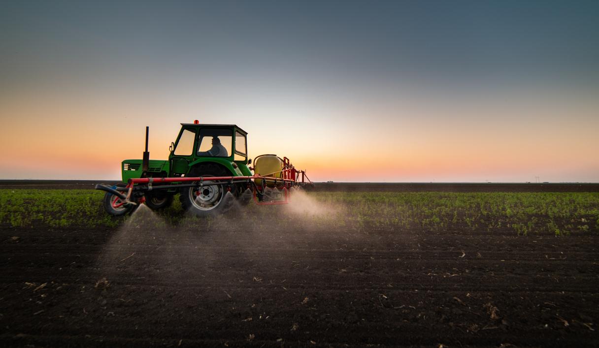 Trattore spruzza pesticidi su un campo al tramonto, polvere nell’aria