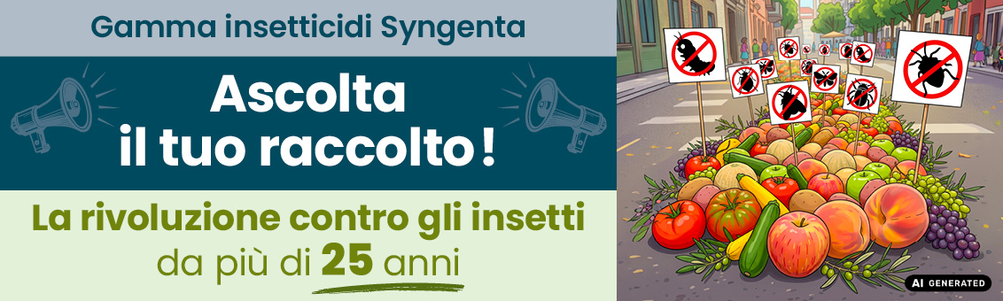 Banner con pomodori e testo: “Ascolta il tuo raccolto, rivoluzione contro gli insetti”.