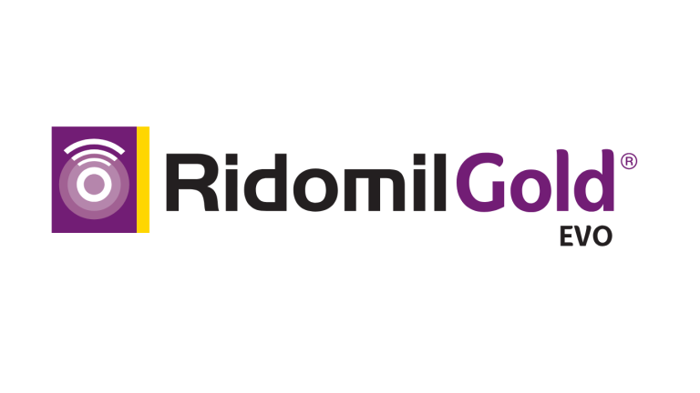 Logo Ridomil Gold EVO su sfondo bianco con icona viola a sinistra